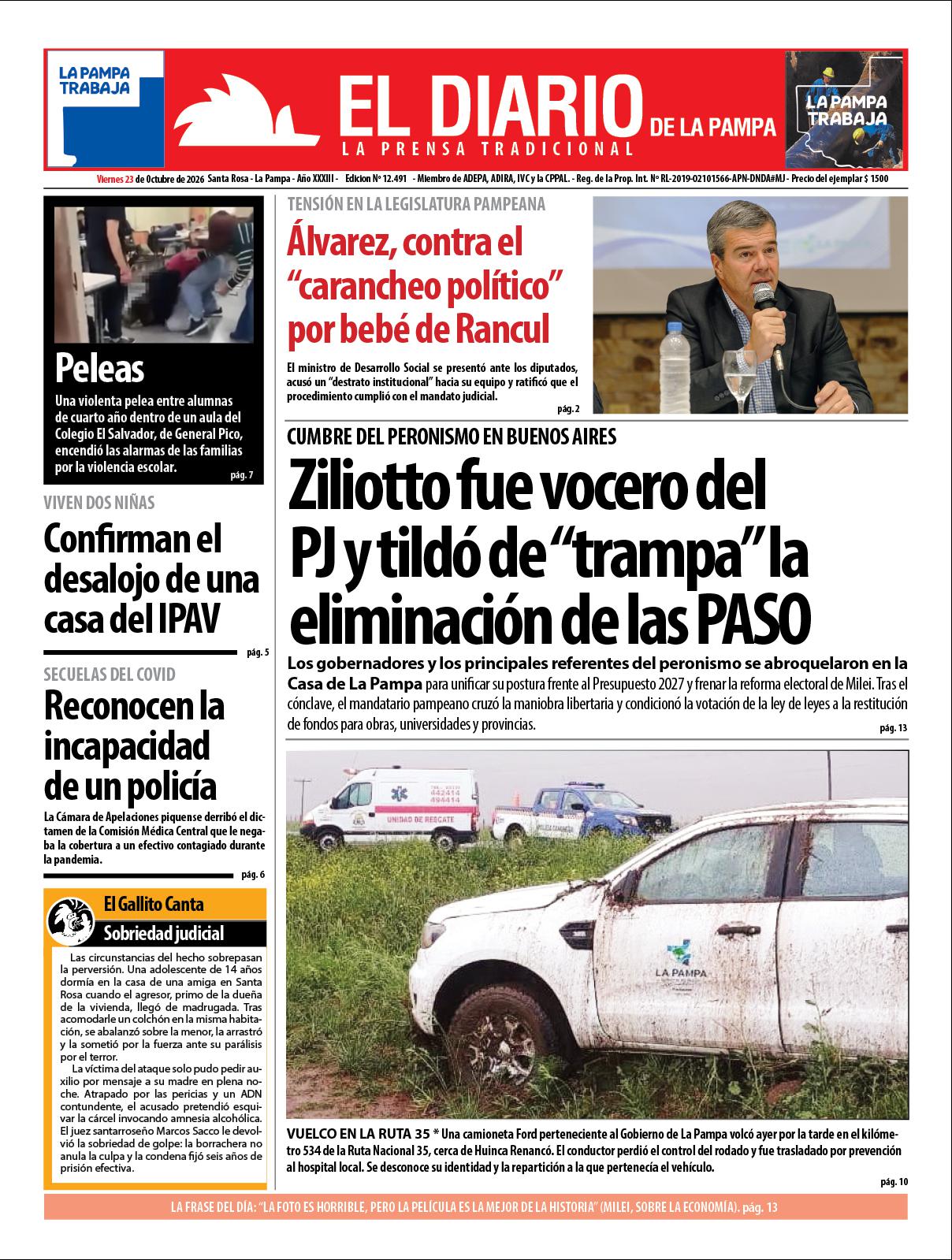 Tapa de El Diario en papel  viernes 23 de octubre de 2026